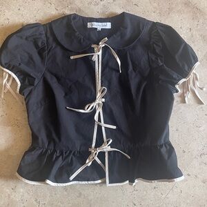 Black Puff Sleeve Blouse with Ribbon Detail